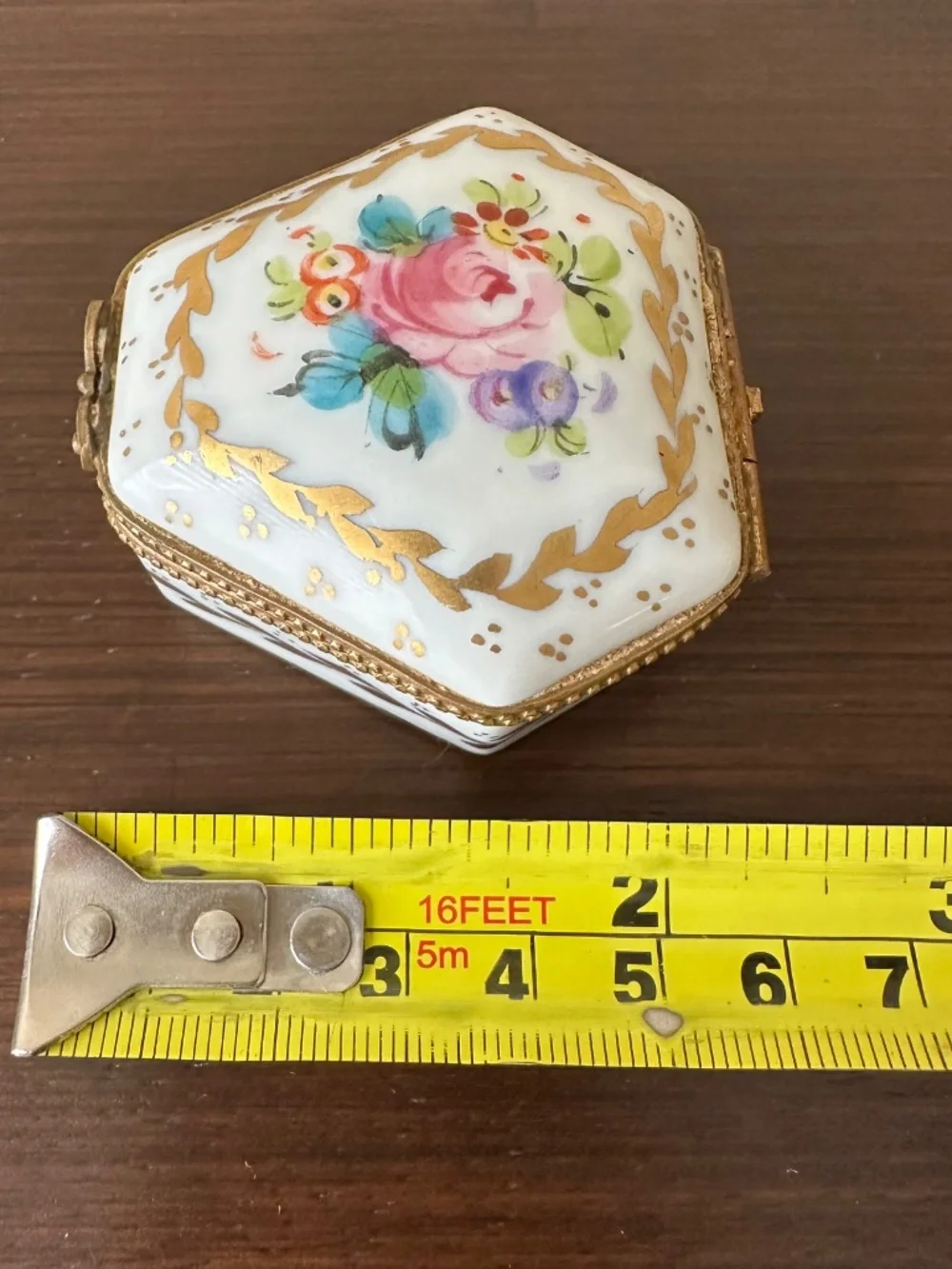 VTG Limoges France Porcelain Hexagon Trinket Box Hand Painted Floral Gold